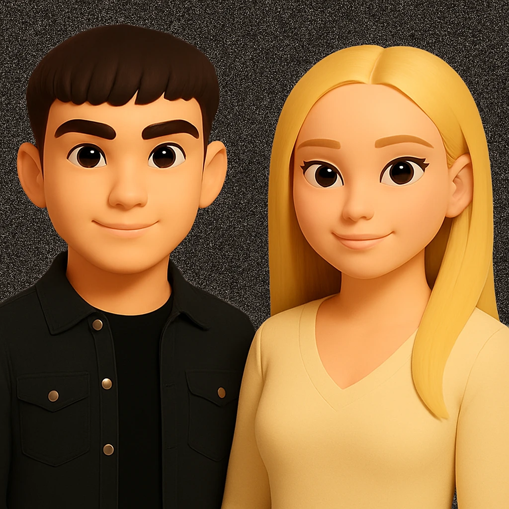 Make the people in the image stand slightly farther apart from each other while preserving the original style and background. emoji
