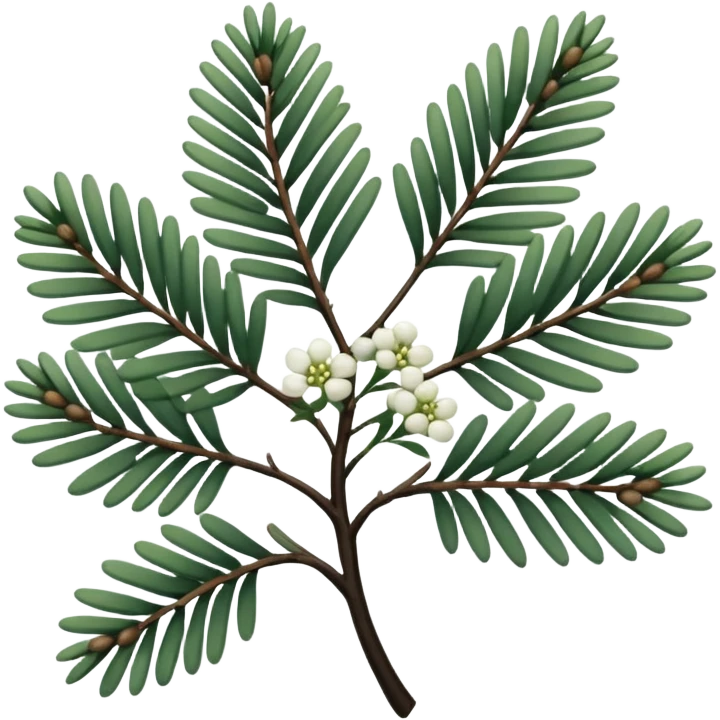 green pine leaves, small flowers, thin ebony branches, dull colored filigree design emoji
