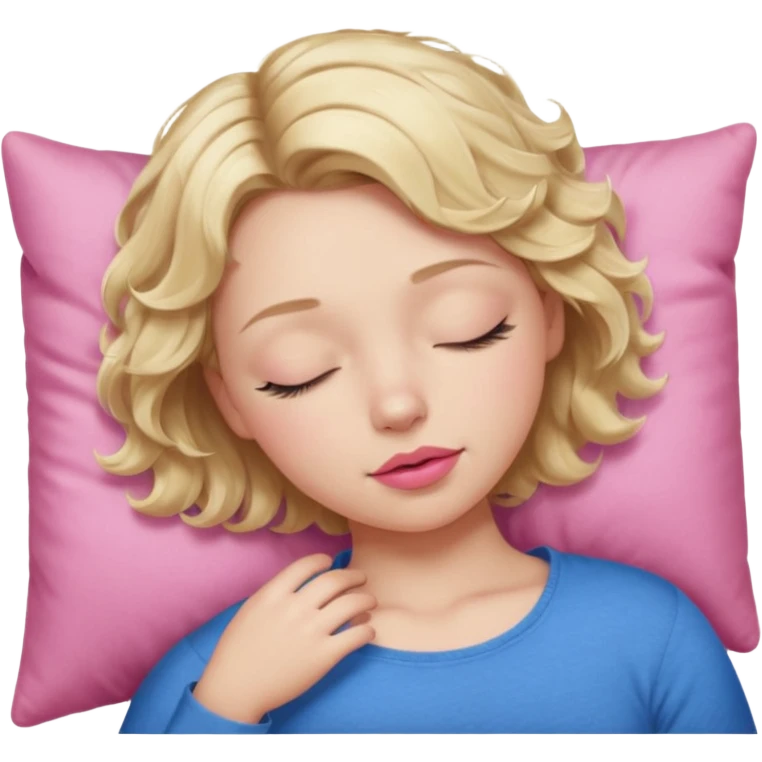 Girl Blonde short wavy hair,  blue eyes, cute blue top, long lashes, pink lips, sleeping eyes closed, catching zzzz  emoji