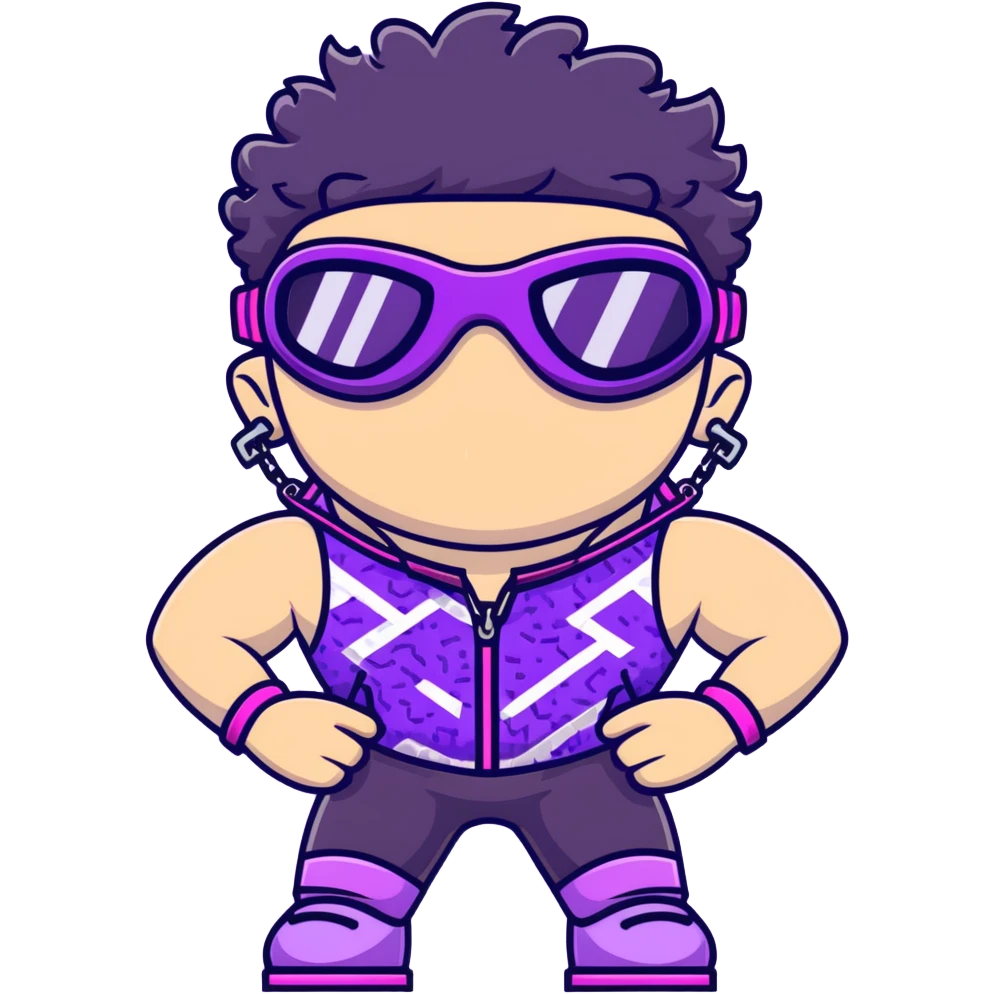 male athlete with white skin and moderately curly black hair on top with shaved sides, wearing ski goggles with purple frames and very dark black lenses, a simple plain black chain necklace, and a completely unzipped shiny vest with purple and black sequin fire pattern design, fully revealing his chest and abs, no earrings emoji