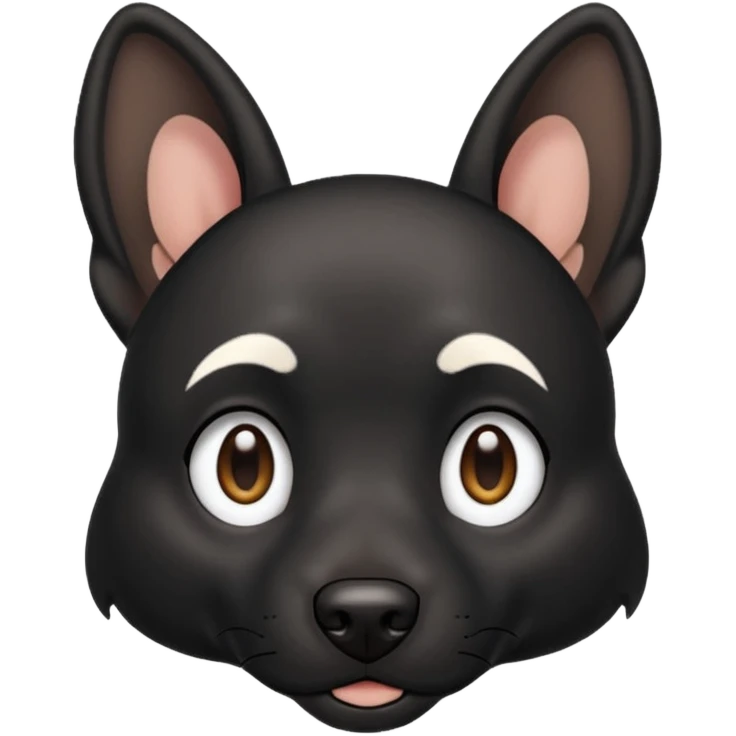 A black not hairy dog with its ears up with a bit of white on its face ￼￼ emoji