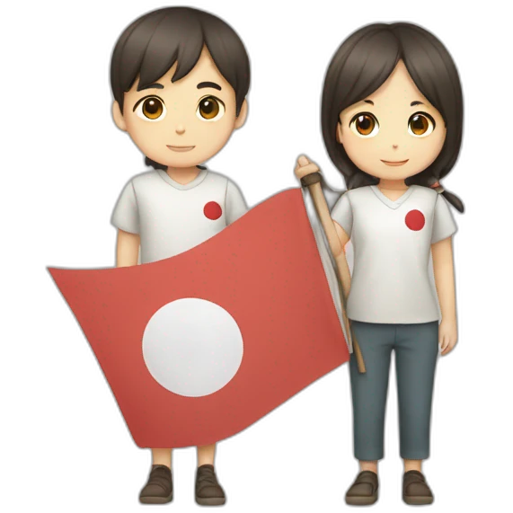 boy and girl holding Japanese flag emoji
