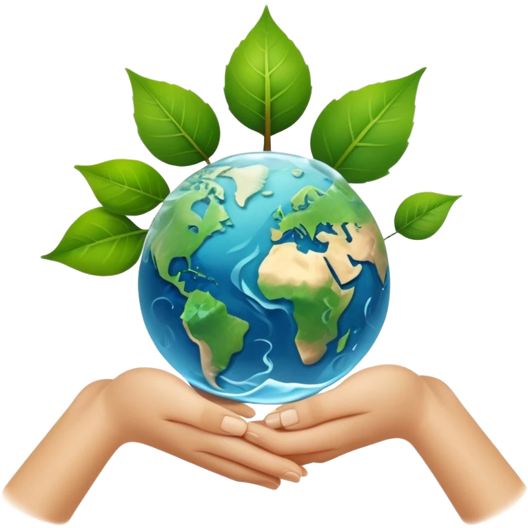 An icon featuring a green leaf, Earth held in hands, and a recycling symbol, symbolizing ecology. The design includes trees, clean water, and animals, representing environmental protection, sustainability, and ecosystems. Transparent background highlights the science of nature and conservation. emoji