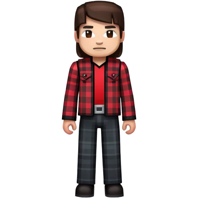 A Minecraft-style skin design depicts a character wearing a dark-colored plaid outfit with red accents.
 emoji