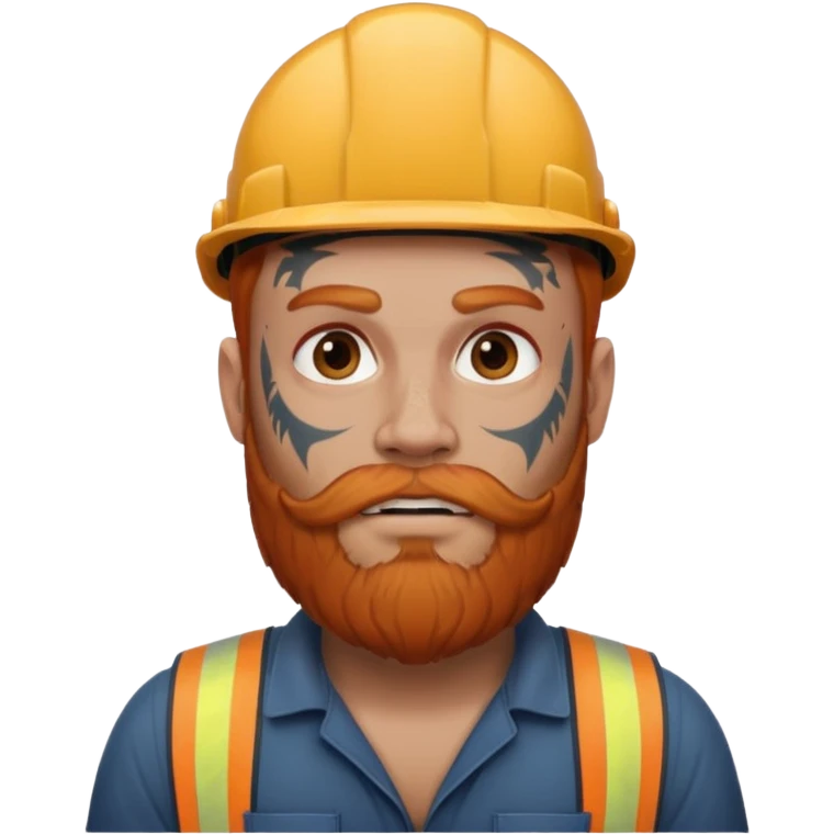 construction worker with beard, ginger haired and heavy face tattoos, intimidading emoji
