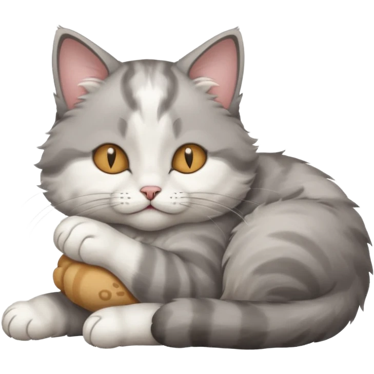 grey and white small cat with its eyes closed lying down with its paw curled and holding up his head emoji