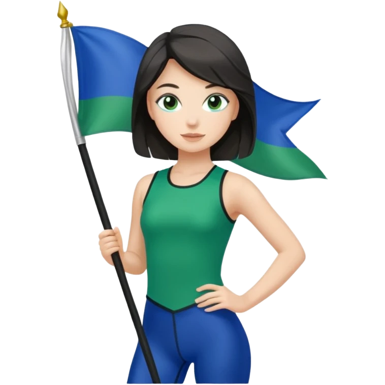 emoji style colorguard girl with a green and blue flag, black leggings, green and blue top, mid-performance emoji