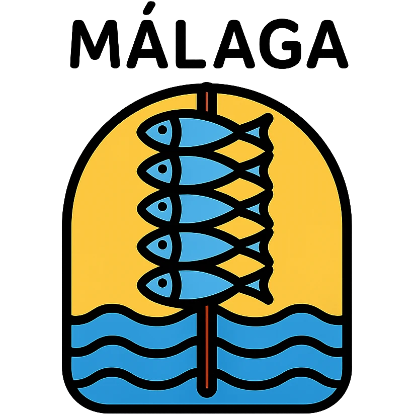 icon of Málaga with a stylized sardine skewer (espeto) and sea, minimal geometric icon style emoji