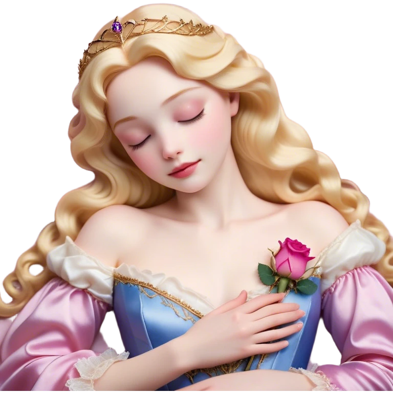 Cinematic Realistic Sleeping Beauty (Aurora) Portrait, with porcelain-like skin featuring a natural rosy flush, illuminated by soft lighting that highlights the gentle contours of her face. Her golden blonde hair flows in soft, detailed waves with subtle highlights that shimmer in the light. Her deep violet-blue eyes radiate warmth and innocence, framed by arched brows and long lashes. With a soft, serene smile, she holds a delicate rose gently in one hand, her other hand resting lightly by her side. She is dressed in her classic pink gown, the fabric rich in texture with delicate folds that catch the light. A golden crown rests atop her head, gleaming with royal refinement. The portrait captures a soft, glowing aura, blending realism with an ethereal sense of beauty and timeless enchantment. emoji