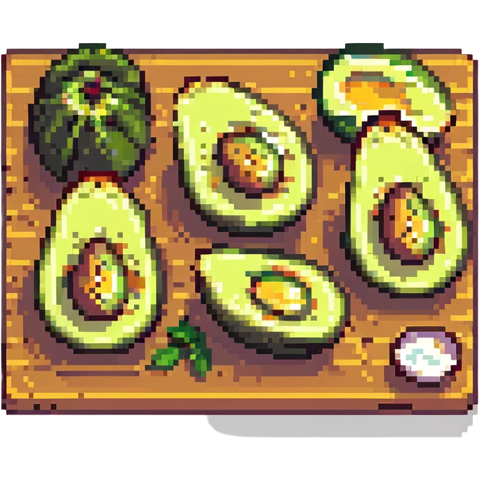 chopped avocados on a cutting board, pixel art style, bright colors, no text emoji