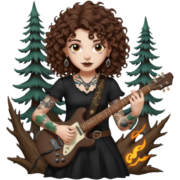 Brown eyes, brown hair curly forest witch playing electric guitar sexual with tattoos...white ethnicity  emoji
