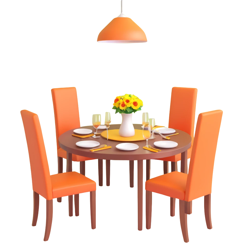planned furniture, isometric view, dining room set, table, chairs, centerpiece, vibrant palette emoji