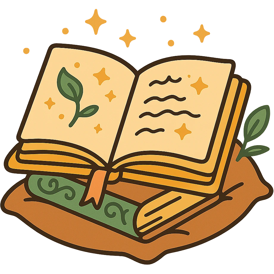 cute open book lying on a cozy surface, designed in a soft and magical color palette: golden orange (FA9B41), deep forest green (4A7C5C), warm taupe brown (96775A), and pastel peach (FFCC9A). The pages are slightly aged with gentle curves, featuring whimsical illustrations, tiny stars, and elegant handwritten text. The book cover, visible beneath the open pages, has decorative patterns and a ribbon bookmark in peach and green tones. Around the book, add soft light, a few leaves, or glowing sparkles, creating a dreamy, enchanted, storybook-like atmosphere. The overall mood is warm, magical, and gentle emoji