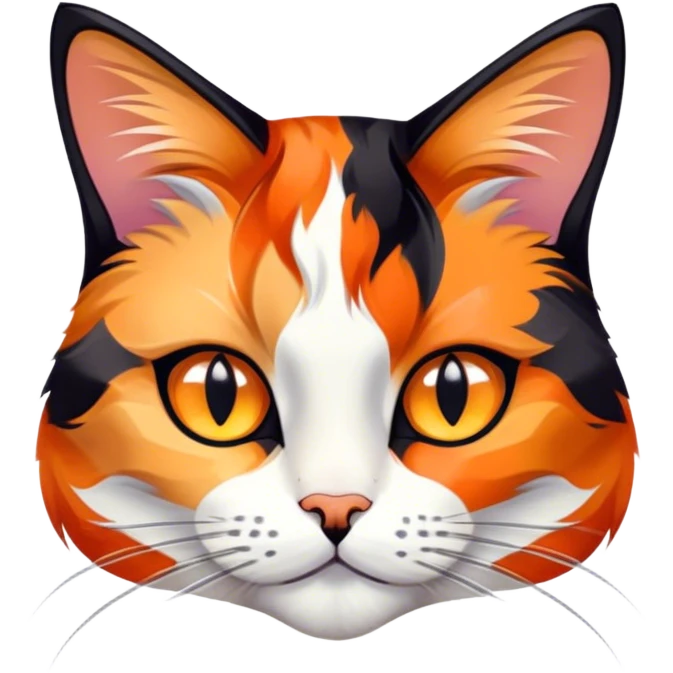 Cinematic Noble Calico Cat Portrait Emoji, Poised and regal, with a striking patchwork fur in vibrant orange, black, and white hues, delicate whiskers and a refined, focused gaze, simplified yet exquisitely detailed, glowing with a soft, moonlit radiance and an air of aristocratic elegance, high shine, exuding dignified intelligence and poised authority, soft glowing outline, capturing the essence of a watchful and noble calico cat that appears ready to grace the screen with effortless majesty! emoji