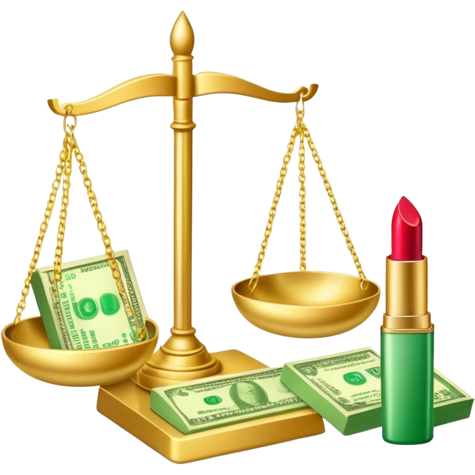 gold scale with left side green dollar bills and right side beauty products lipstick and nail polish, no lips, no extra elements emoji