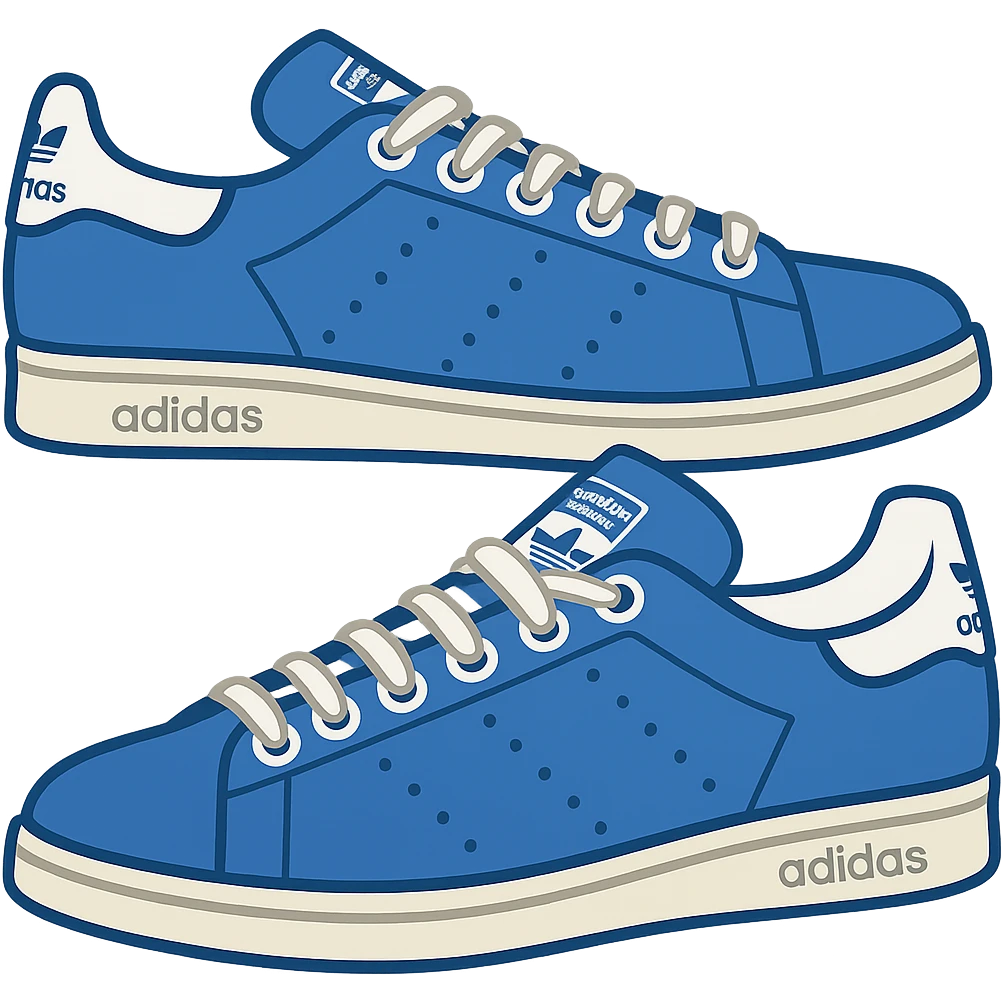 Add visible laces detail to the pair of blue adidas Stan Smith sneakers in emoji style with no background. emoji