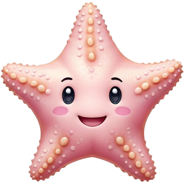 Cinematic cute round starfish, pastel pink, soft bumpy texture, tiny happy face, slightly tilted, glowing warmly, sparkling with gentle ocean magic. emoji