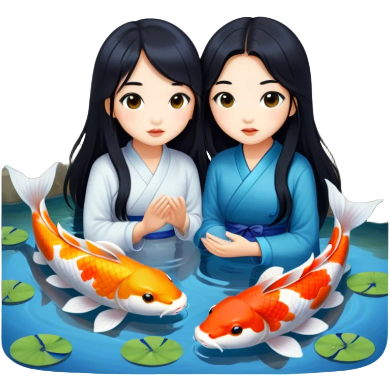 two asian girls long hair koi pond emoji