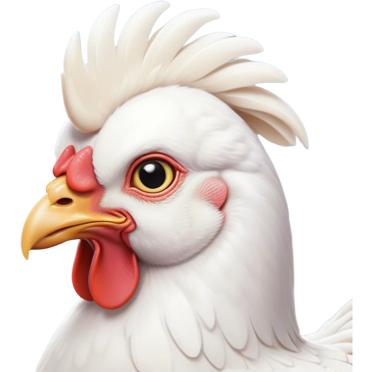 Cinematic Noble White Chicken Portrait Emoji, Poised and regal, with a compact, sturdy build and a pristine, well-groomed pure white plumage, deep-set soulful beady eyes, Simplified yet sharp and sophisticated features, highly detailed, glowing with a soft, dignified glow, high shine, intelligent and alert, stylized with an air of barnyard elegance, focused and attentive, soft glowing outline, capturing the essence of a watchful and confident fowl, so majestic it feels as though it could strut out of the screen with effortless authority! emoji