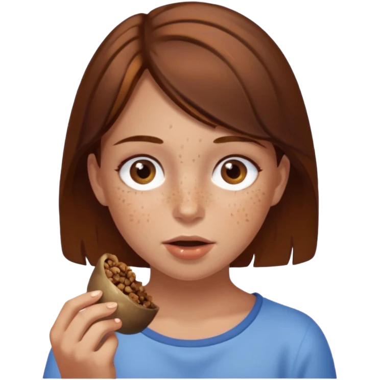 Brown hair girl with brown eyes and freckles eating poo emoji