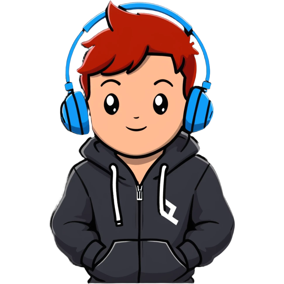 young red-haired boy wearing headphones and a hoodie with 'woojuo' printed on the chest, lively style, suitable for emoji emoji