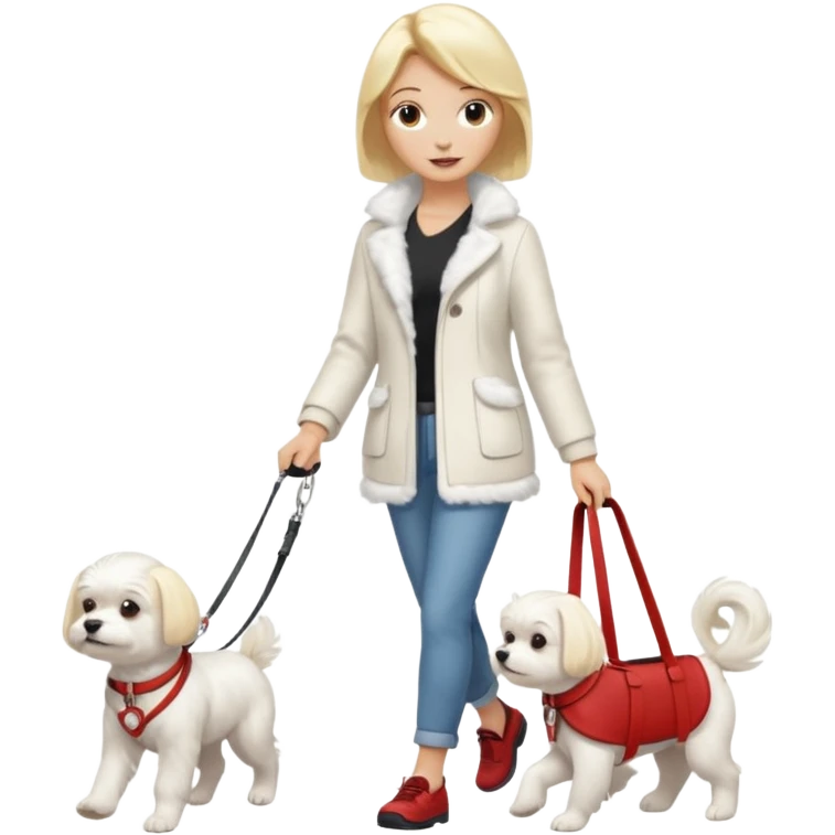 blonde woman walking Maltese dog emoji