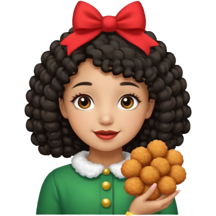 cute girl tan skin, curly black hair chin length, middle part, long eyelashes, cute cheeks, 5'2, outfit croquette style with bows and christmas theme, happy,  emoji