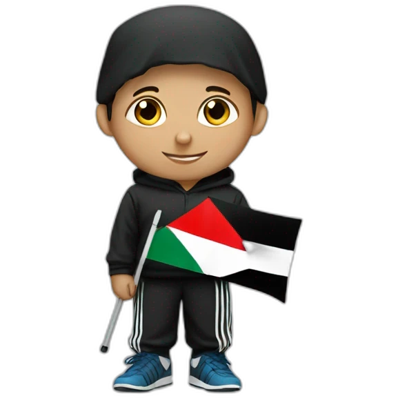 A Palestinian boy wearing black Adidas three-stripe pants and holding a Palestinian flag emoji