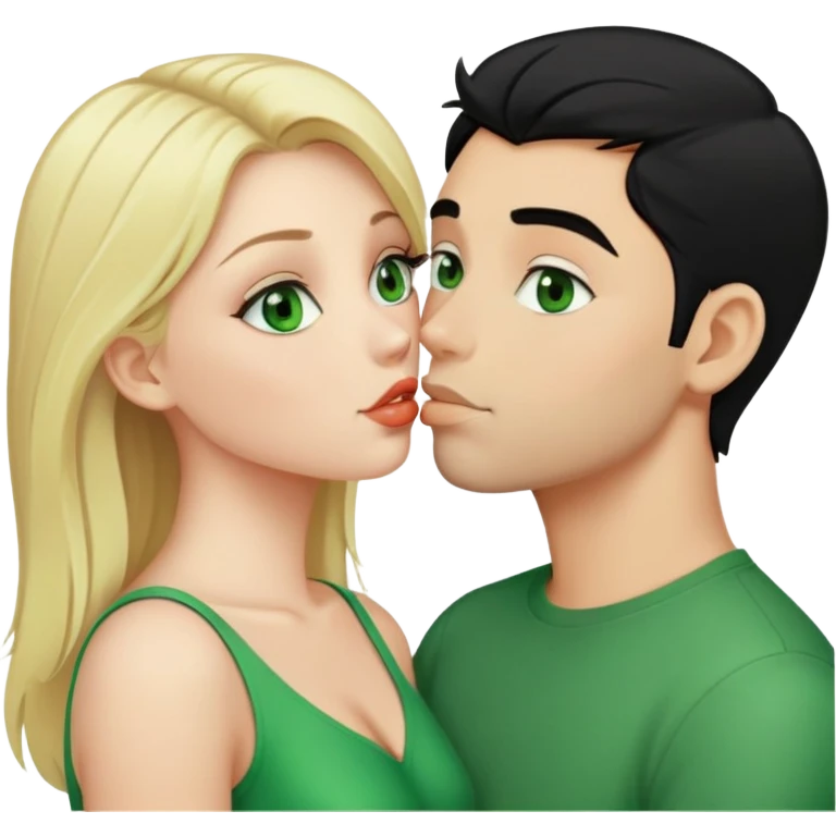 A blonde girl with fair skin and green eyes and a guy with black hair and fair skin and green eyes are kissing emoji