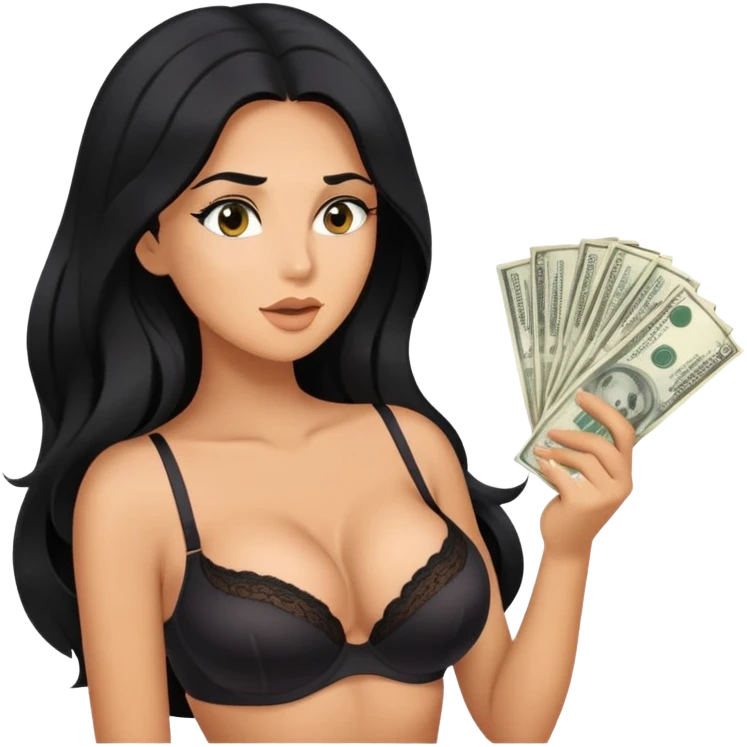 woman with bra, tanned long black hair, holding money whispering emoji