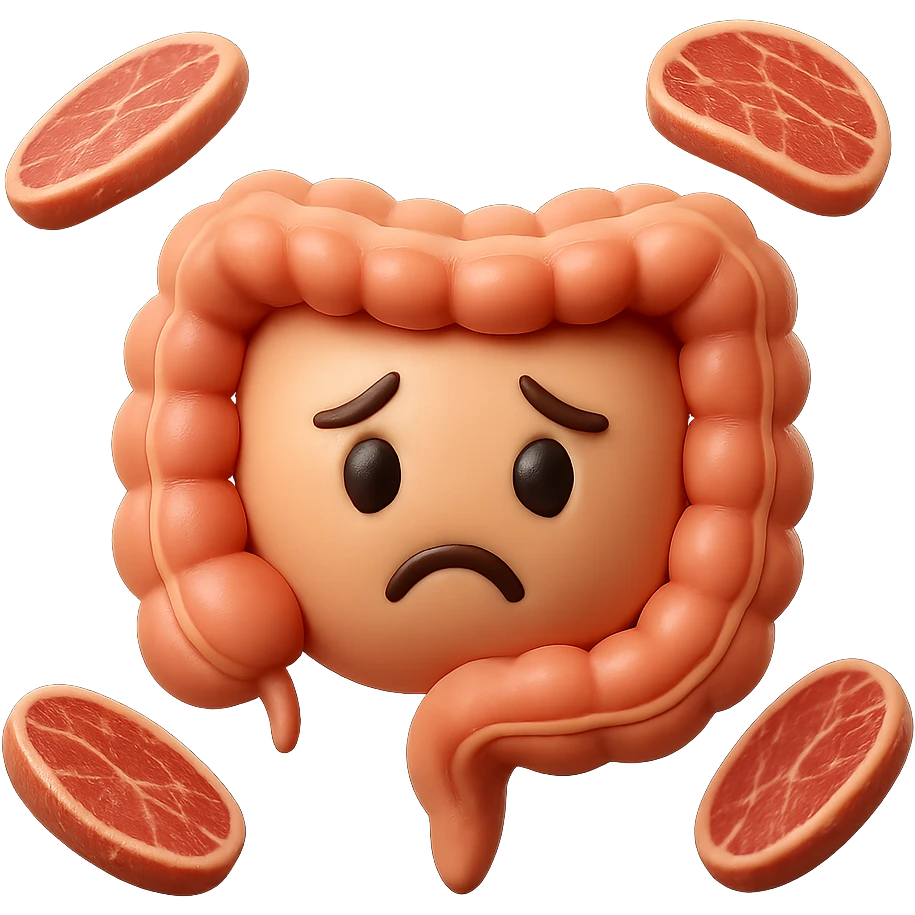emoji stile iphone in 3d di un intestino triste con fette di carne che gli fluttuano intorno, iperrealistico 4k emoji