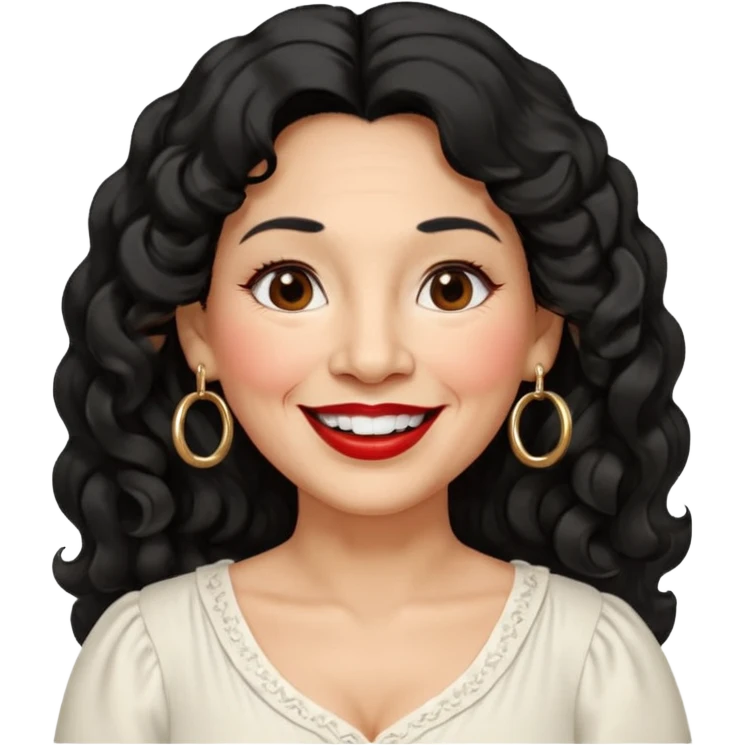 60 yr old peruvian woman, slightly chubby, wavy/curly long black hair, red lipstick, big smile, white teeth, brown eyes, hoop earings, side part to hair, round face, pretty white dress, hair side swept, big hoop earing emoji