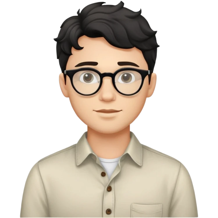 Upper body only of young caucasian man with black wavy hair, round glasses, wearing comfortable buttoned shirt emoji