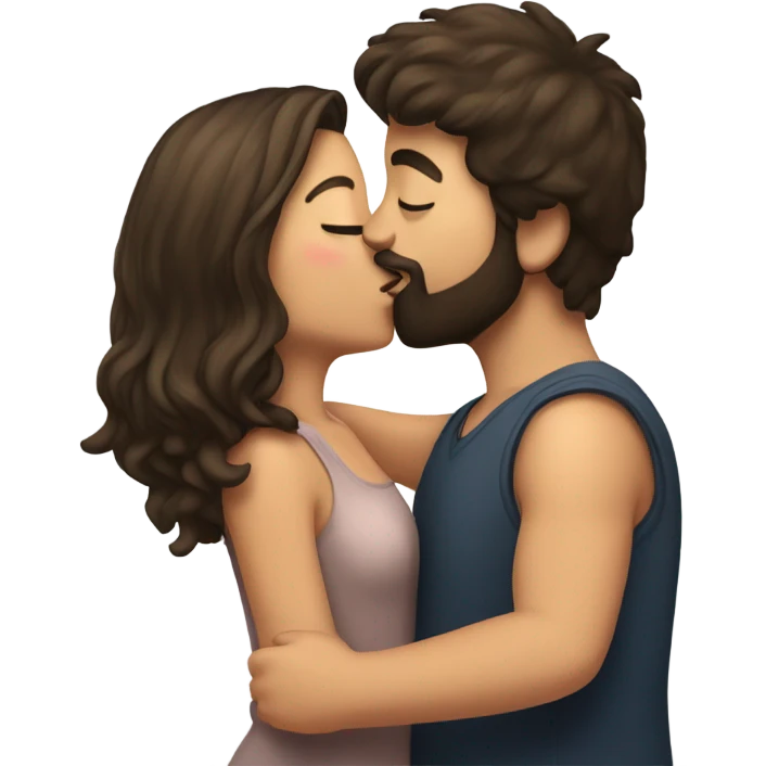 Brunette girl kiss on check brunette boy with beard emoji