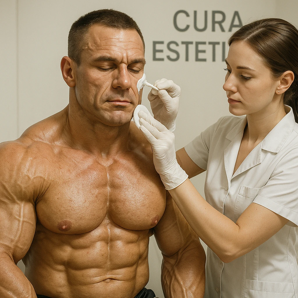 bodybuilder undergoing aesthetic treatments to prevent wrinkles, hyper realistic style, well visible muscles, esthetician applying treatment, text 'Cura estetica', professional atmosphere, light background emoji