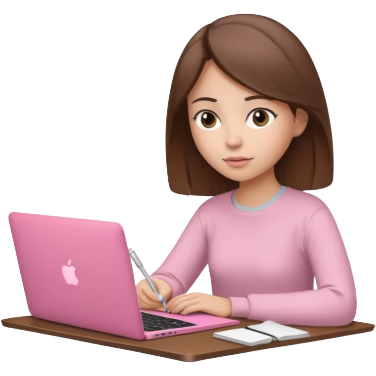 Chica lacia en una MacBook rosa investigando y haciendo tareas emoji