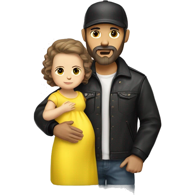 White-skinned slavic man with stubble, gray beard, brown hair, black eyes, black Reebok cap, leather jacket, holding infant slavic baby girl in yellow dress with yellow bow. emoji
