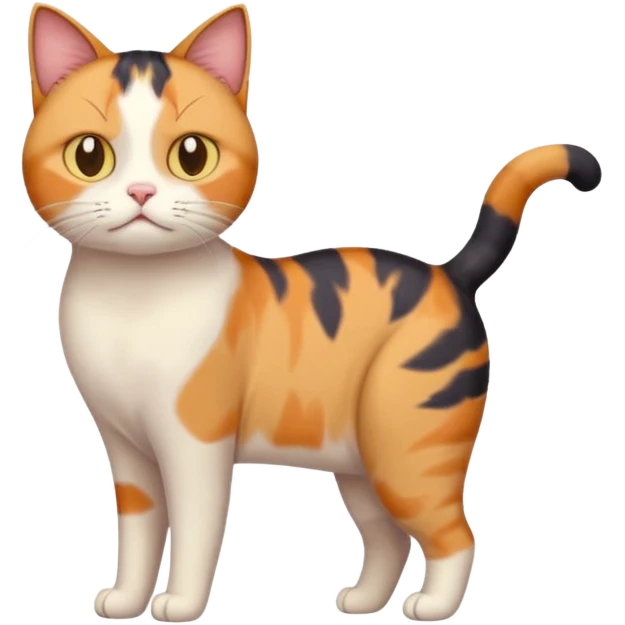 full body calico cat with skinny head and fat body with an anxious face emoji