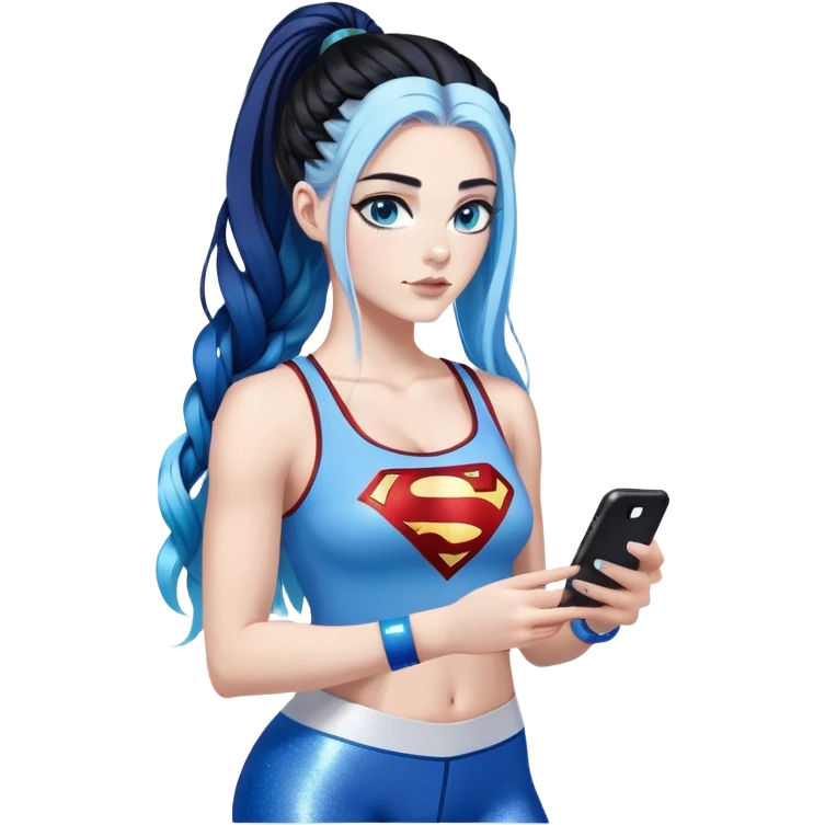 I'm sorry-Female-very very very large chest-texting on a samsung cell phone-very long straight braided black to sky blue hair ombre-blue eyes-black eyeliner-long eyelashes-iridescent tank top with glitter superman logo-white leggings-nike sneakers emoji