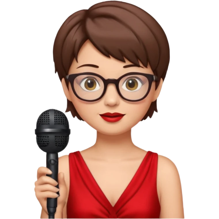singer, Old, brown short hair, holding mic, red dress, glasses emoji
