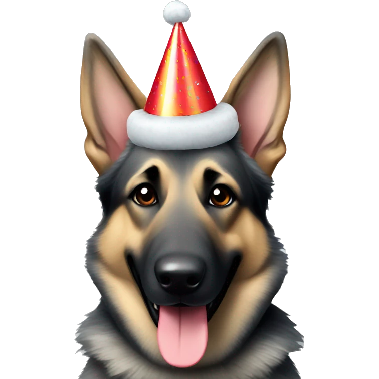 Grey German shepherd smiling and wearing a party hat emoji