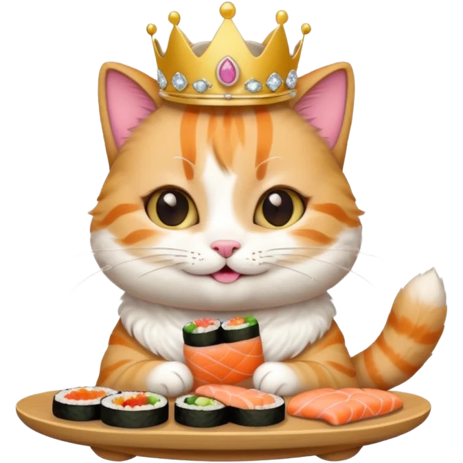 princess cat eating sushi, smiling, sushi in paw, tiny tiara, emoji style emoji