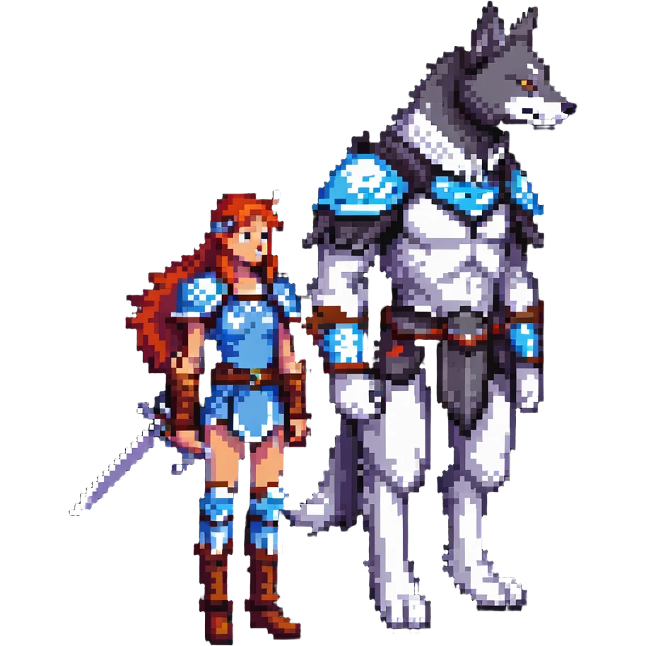 8-bit fantasy warrior standing beside loyal wolf companion emoji