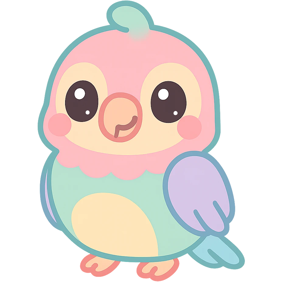 animated parrot, big eyes, bright colors, kawaii style emoji