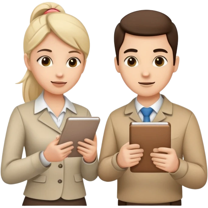 Two team members facing each other, one holding a notepad and the other gesturing, in a collaborative pose emoji