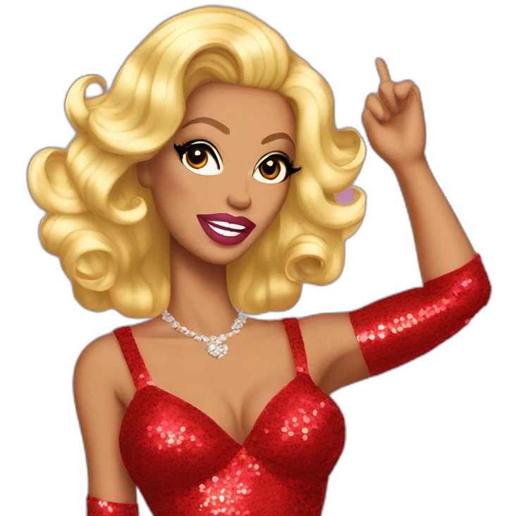 Rupaul’s drag race, drag queen, red sequin dress, holding right arm in the air emoji