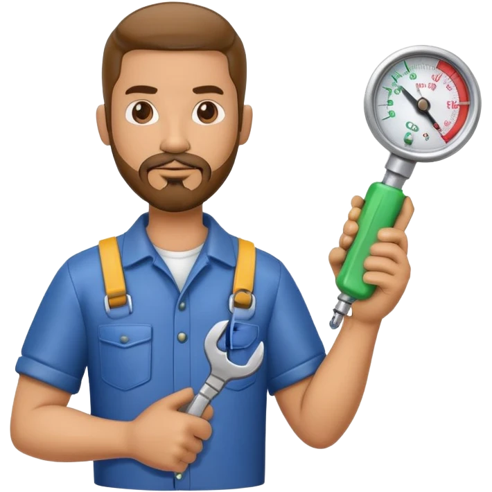 Latino HVAC repairman action figure with goatee beard holding a wrench and refrigerant gauge emoji