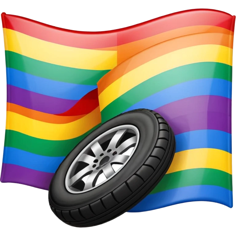 compact emoji-style vector illustration of the LGBT rainbow flag with vibrant colors, bold realistic black tire skid marks diagonally crossing the flag, high contrast, clear, white or transparent background emoji