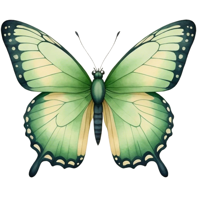 A minimalist watercolor illustration of a butterfly with green hues and fine details, set against a soft beige canvas.
 emoji