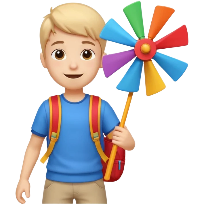 cute boy carrying a toy windmill backpack, colorful windmill spinning on the back, happy expression, casual outfit, 3D cartoon, mobile game icon style, clean background, no text, no watermark
 emoji